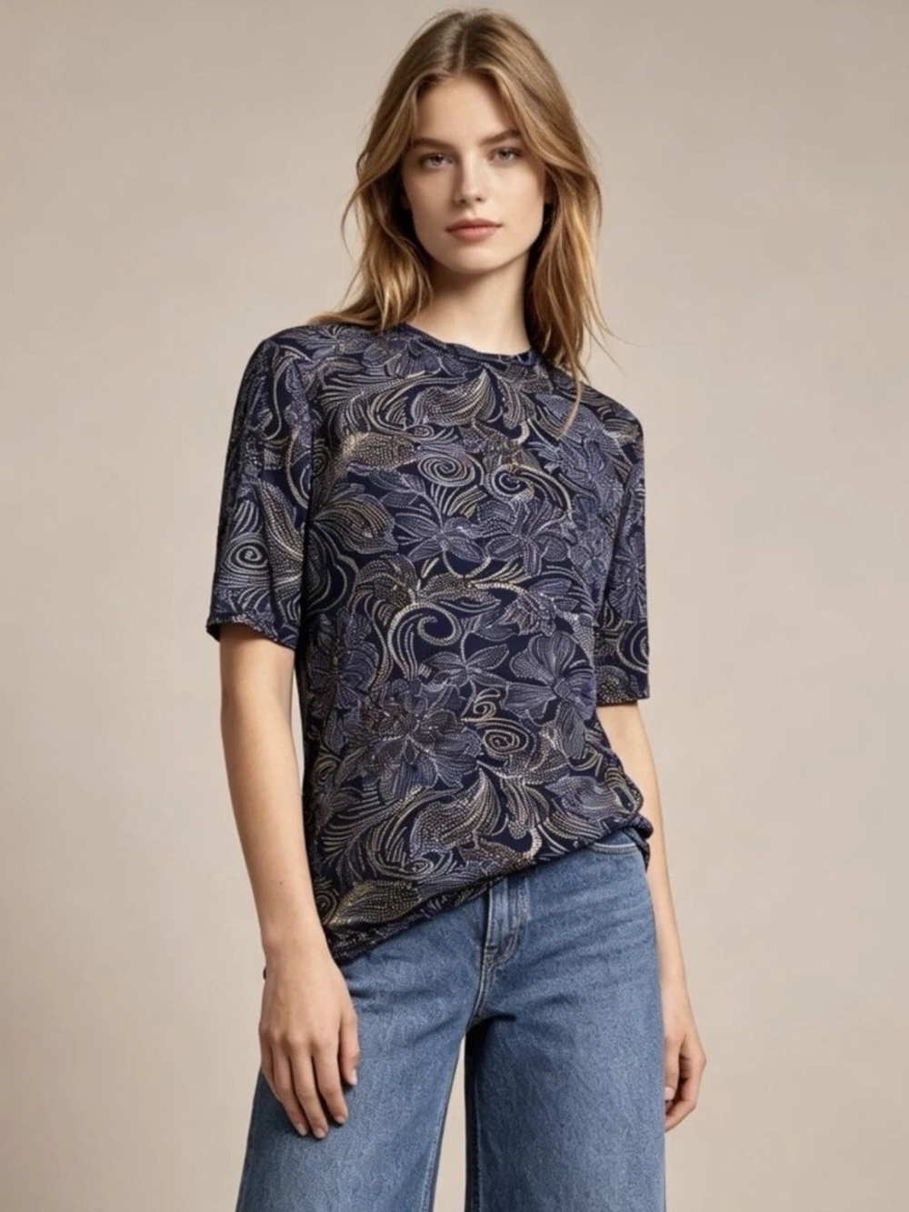Johnny Was Womens Dajiki Mesh Top Navy Floral Sheer Stretch Short Sleeve Sz XL